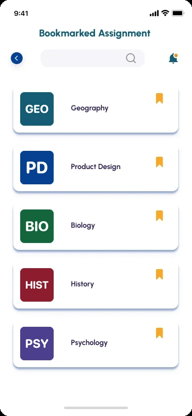 Aryu School App, bookmarked assignments