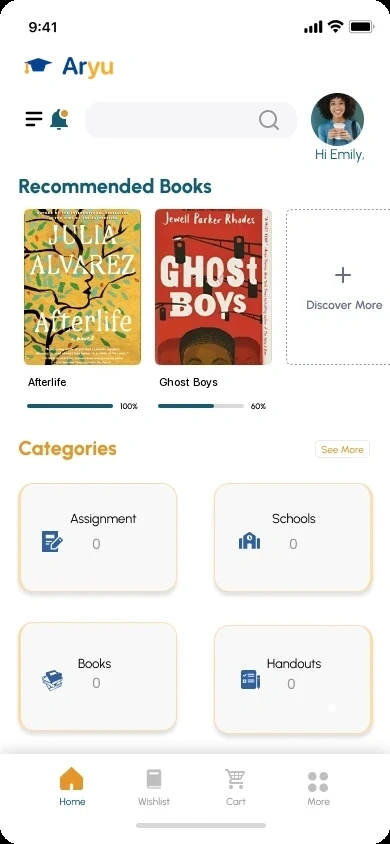 Aryu School App, home screen