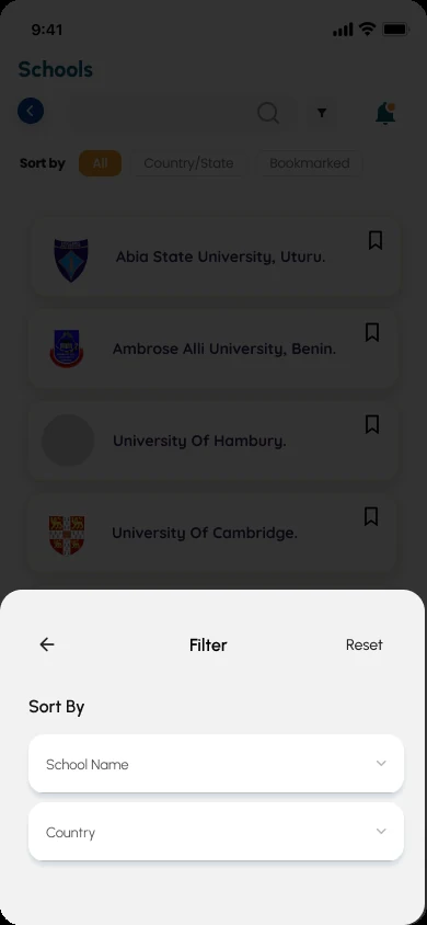 Aryu School App, filter schools by country and school name